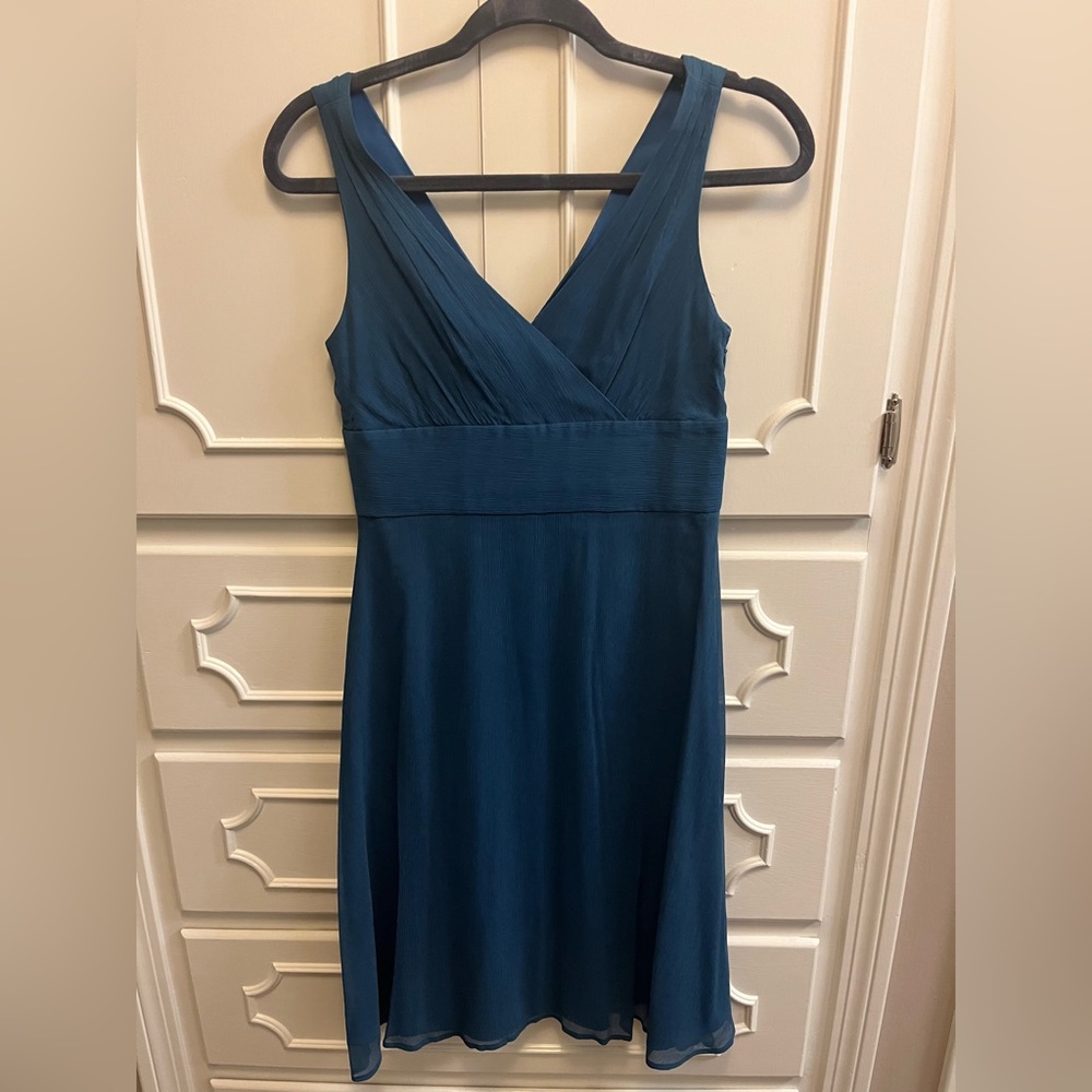 JCrew teal chiffon v-neck dress, size 4 petite